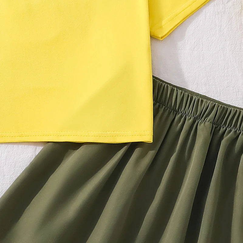 Girls 8-12 2-Piece Set, Yellow Fruit Print Off-Shoulder Top & Green Pleated Skirt, Fresh Cute for Daily Summer Wear