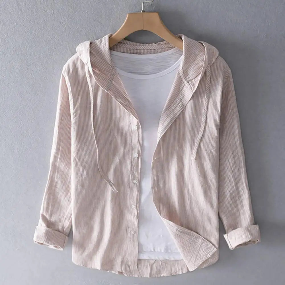 Men Summer Shirt Sun Anti UV Long Sleeve Hooded Drawstring Single breasted Soft Loose Breathable Cardigan Coat Top