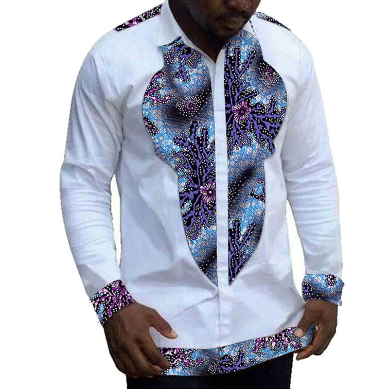 Nigerian Fashion White Men's Shirts Modern Design Casual Shirt Patchwork Long Sleeved Lapel Top African Couture Party Wear