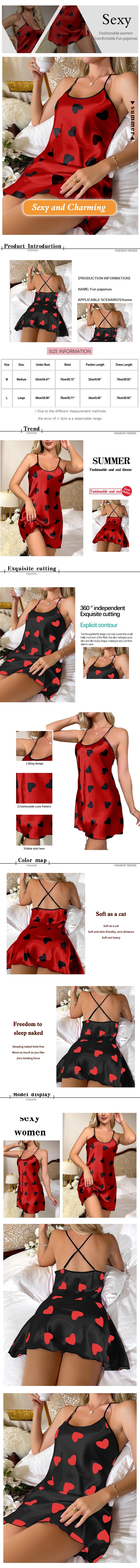 Summer New Sexy Solid Color Printed Love Style U-Neck Cross Adjustable Thin Shoulder Strap Backless Dress Pajamas
