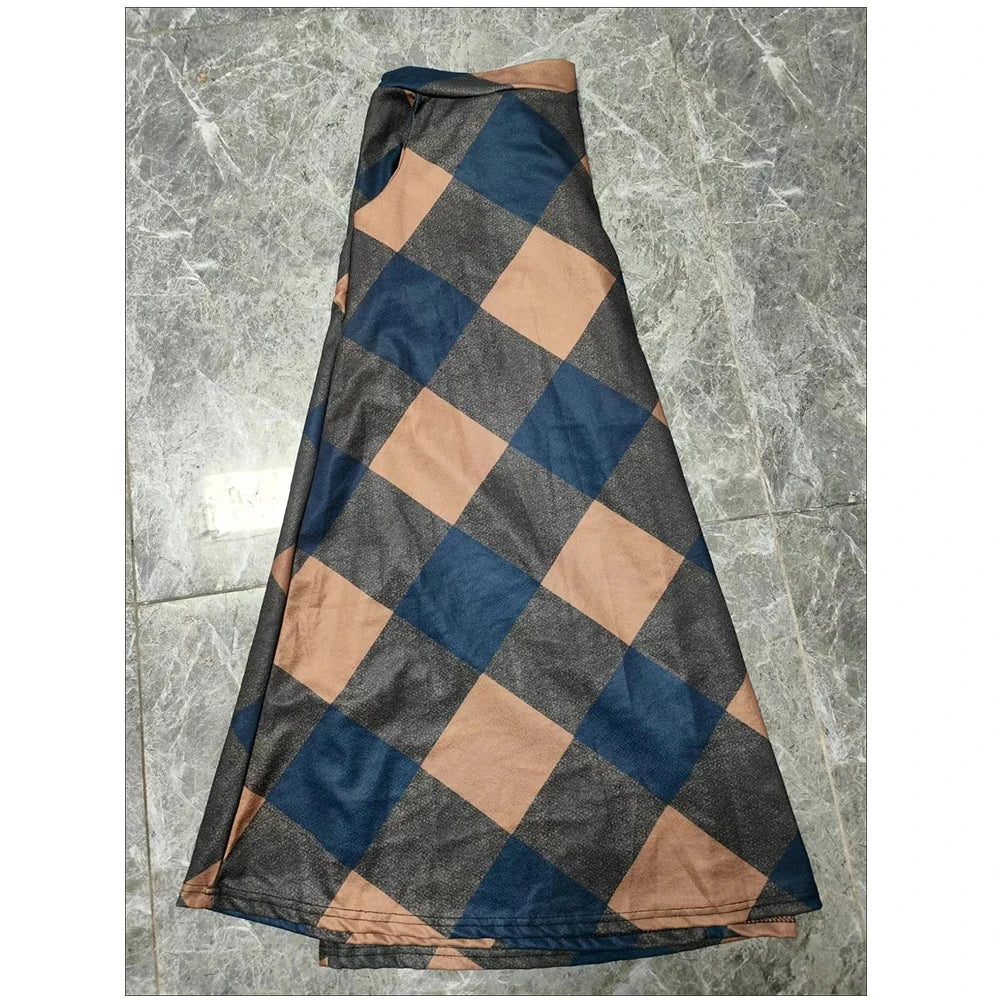 Fashion Office Skirt Temperament Skin-touching Women Square Plaid Print A-Line Office Skirt  Long Skirt    Retro Skirt