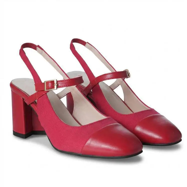 Mary Jane Colorful Leather Single Shoes Female Round Toe Back Empty Buckle Strap Women’s Sandals 7cm Chunky High Heels Office DE