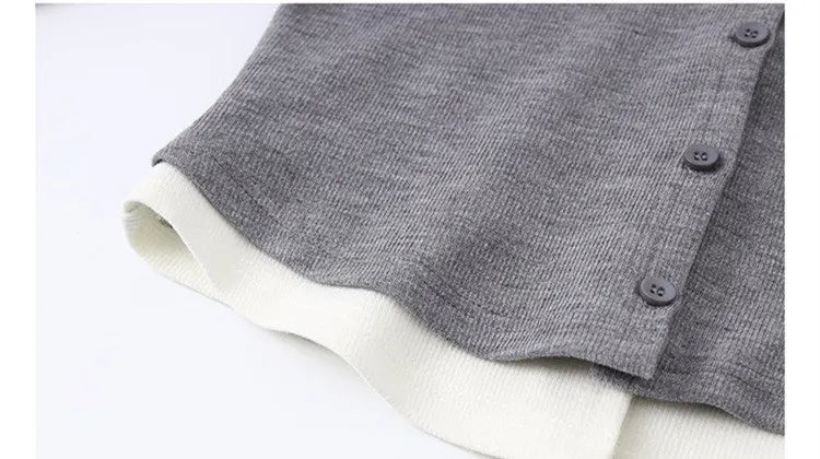 Korea Style Girls Casual Clothing Sets Single Button V-Neck Fake Splice Top and Pants Two Pieces Grey Khaki Kids Teenage Outfits