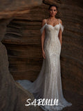 Nude-ivory Sheer Elegant Draped Straps Wedding Dress Dainty Pearls Mermaid Customized Dazzling Beautiful Newest Bridal Gown