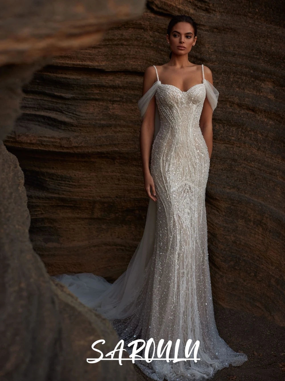 Nude-ivory Sheer Elegant Draped Straps Wedding Dress Dainty Pearls Mermaid Customized Dazzling Beautiful Newest Bridal Gown