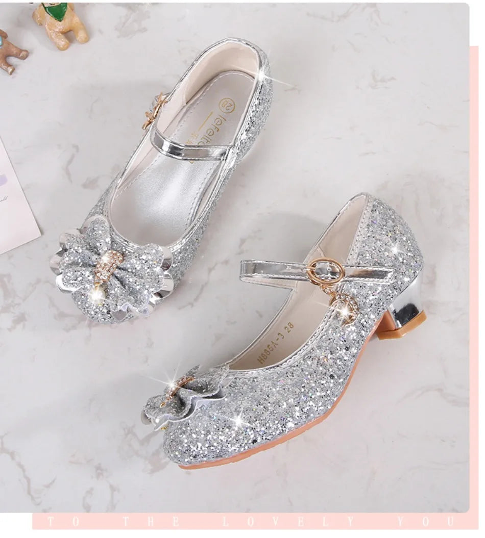 Classic Bow Girl Pu Leather Shoes For Girls Party Dance Children Shoes 3-14 Years Princess High Heels Child Wedding Shoes HSD09