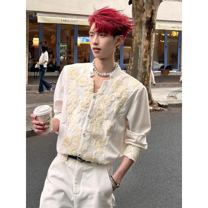 Men's Cream Stand Collar Long-Sleeve Shirt with Rose Embroidery Decorative Buttons Men's Shirts Fashion Men's Clothing