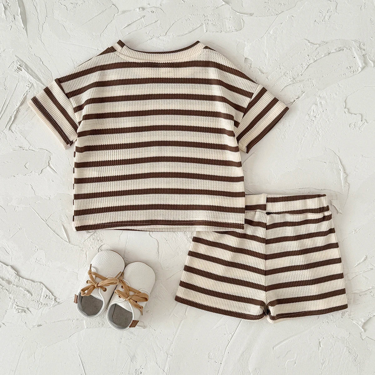 Summer Baby Clothes  Beige Color Boys Striped  T-shirt Shorts Set Breathable Girls Vest Short Sleeved Shorts Set 0-3Years
