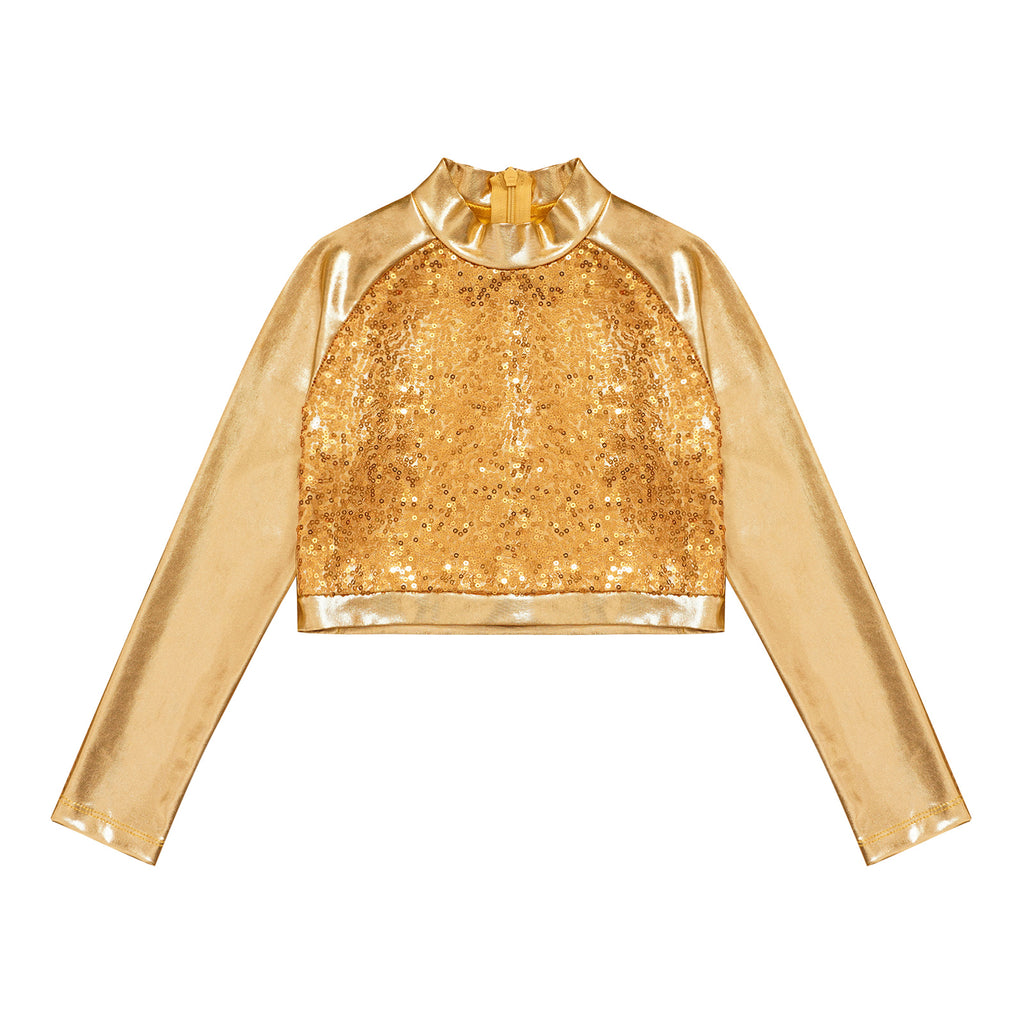 Kids Girls Shiny Metallic Crop Top Mock Neck Long Sleeve Front Sequin Fully Lined Athletic T-Shirts Jazz Hip-hop Dance Tops