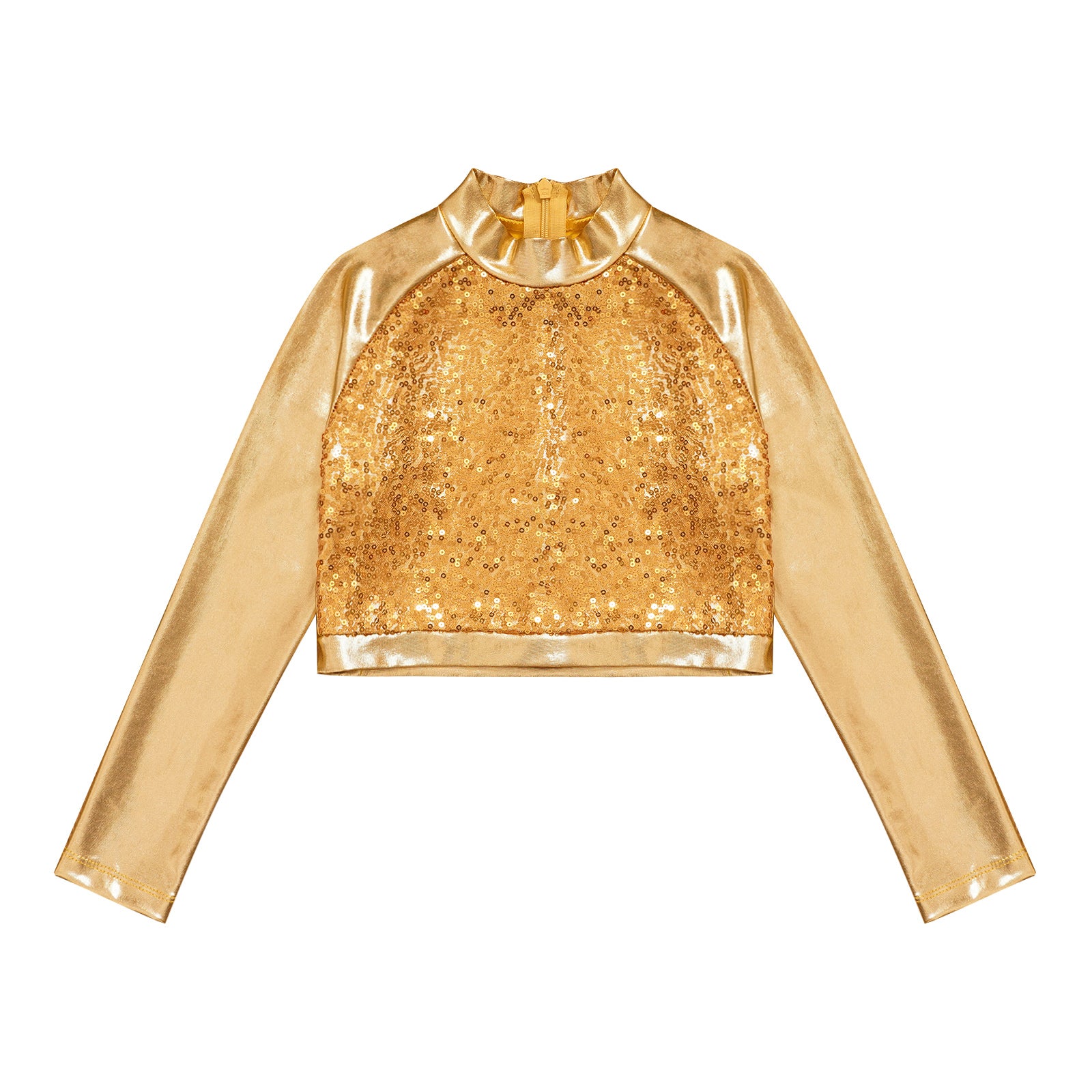Kids Girls Shiny Metallic Crop Top Mock Neck Long Sleeve Front Sequin Fully Lined Athletic T-Shirts Jazz Hip-hop Dance Tops