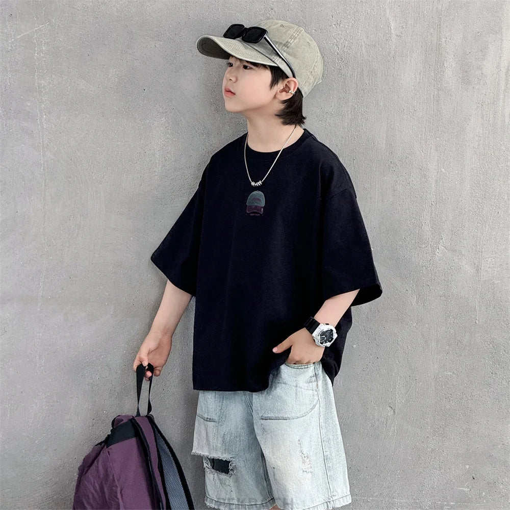 New Summer High Quality Teenage Children Short Sleeve Cotton T-shirt for a Boy Casual Tee Tops Kids Elegant Luxury Tshirt Wear