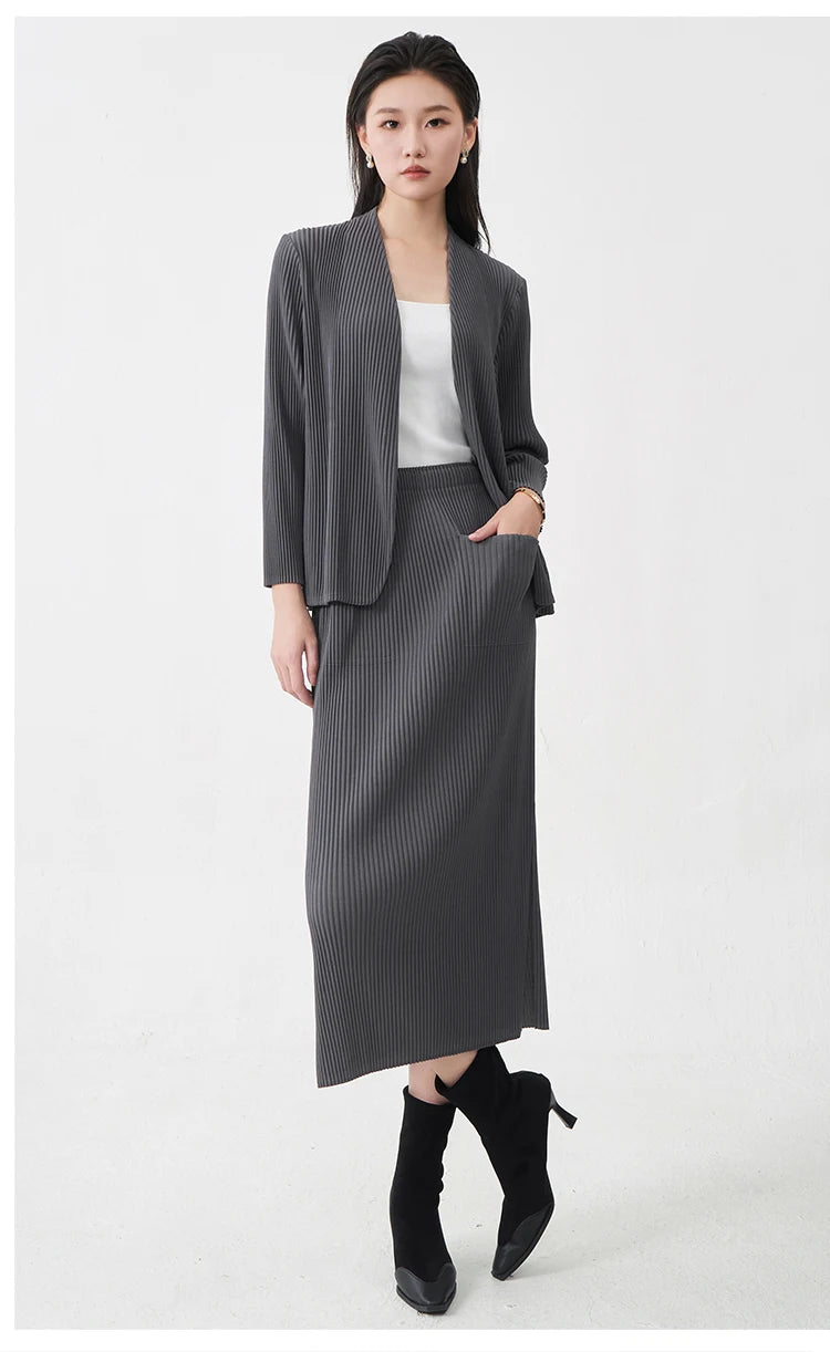 Fast Shipping Women's Fashion Set High Quality Top and Skirt Two Piece Office Set Miyake Pleated Set