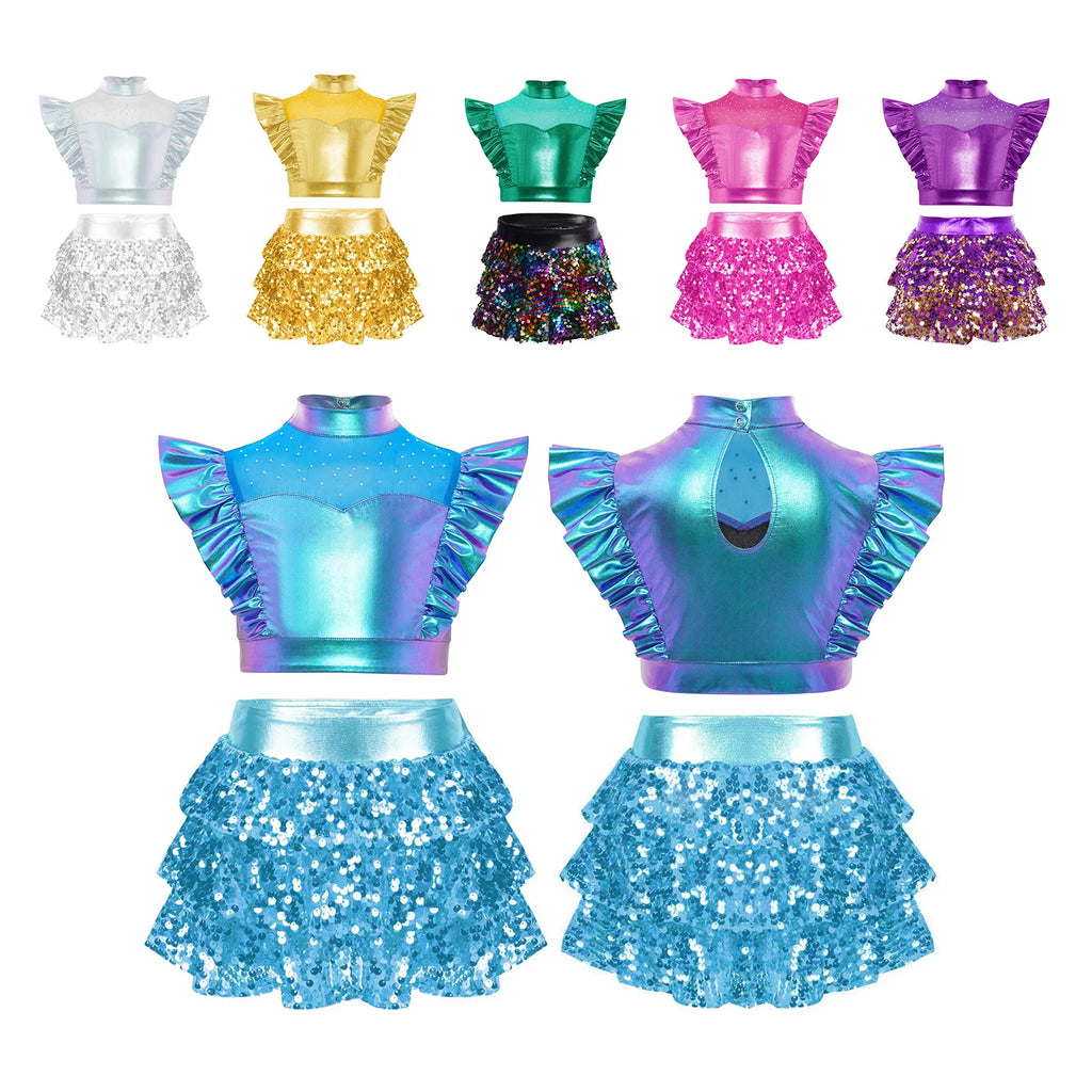 Kid Girls Hip Hop Dance Clothes Kids Jersey Sequin Tiered Skirt Long Tank Top Jazz Metallic Holographic Crop To Cheerleading Set
