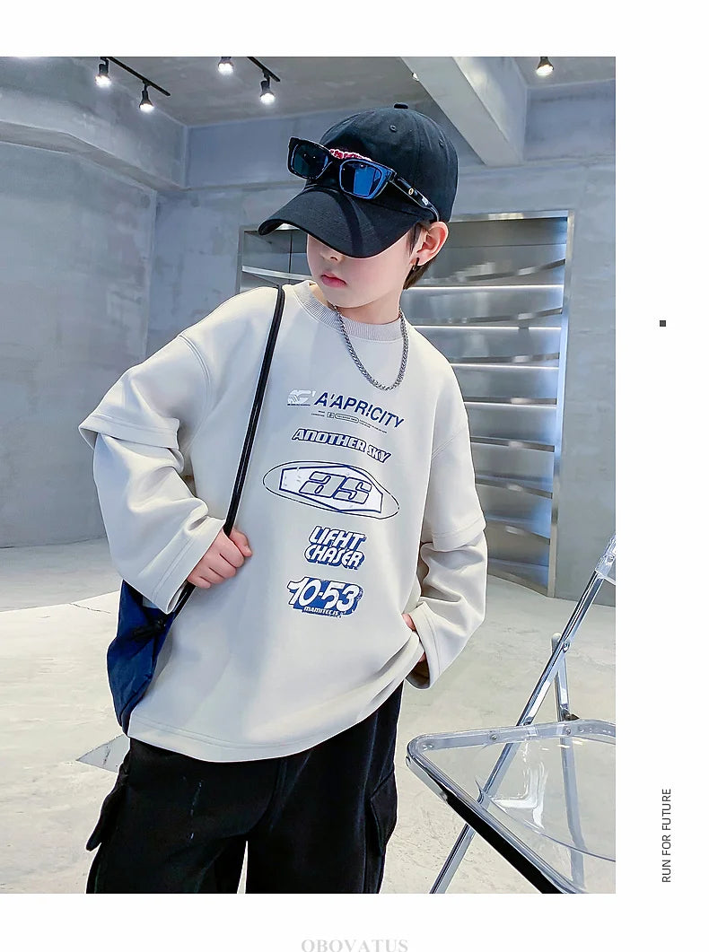 Teenage Kids Tshirts New Spring Fall Clothes Fashion Letter Fake Two Piece Sleeve Costume T-shirt Child Cotton Boy Tees Tops