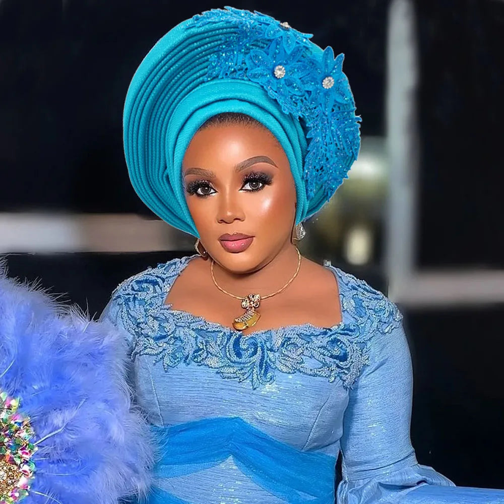 Elegant African Autogele Women's Turban Cap Nigeria Wedding Gele Ready to Wear Headtie with Embroidery Lace Party Headwear