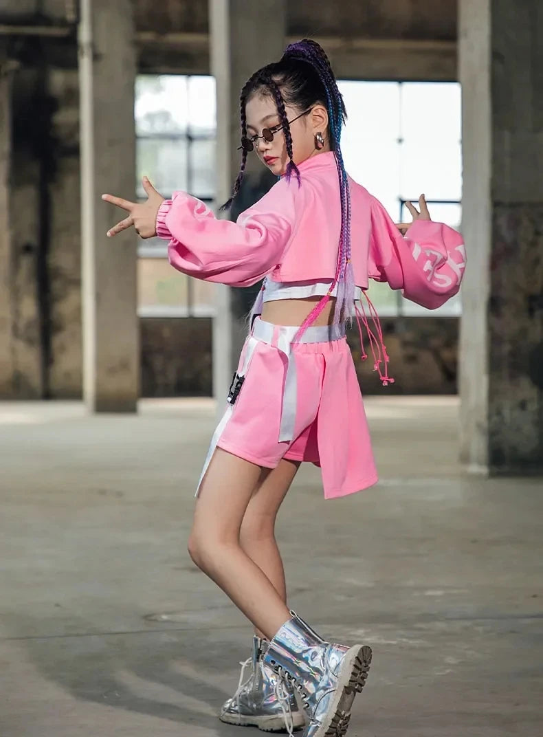 Kid Girl Jazz Dance Costume Children Street Hip Hop Dance Jazz Kpop Dance Costume for Girls Pink Outfit Streetwear Clothes Sets
