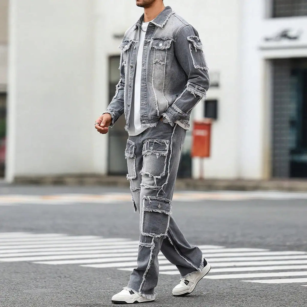 Men's Street Style Casual Distressed Raw-Hem Grey Denim Set, a minimalist and fashionable two-piece ensemble.