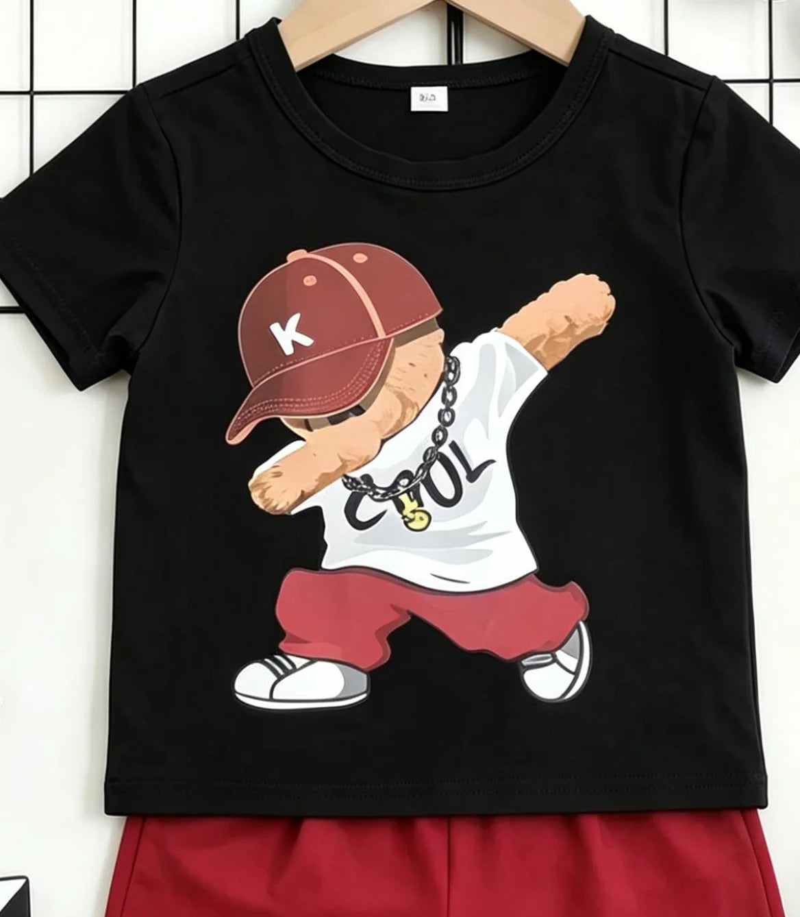 Summer New Arrival Boys Street Style Bear Print Short Sleeve Burgundy Solid Shorts Set