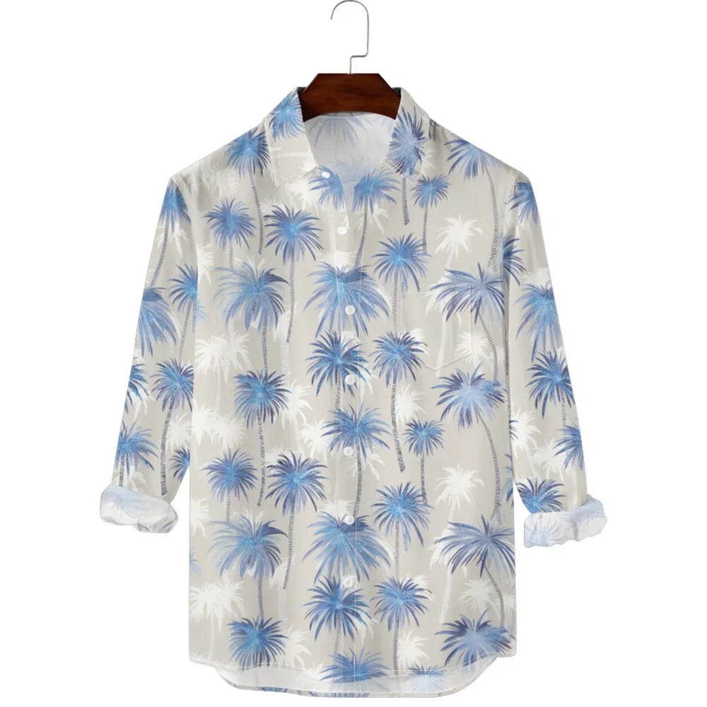 Hawaiian Men Shirts Sunset Ombre Palm Printed Full Sleeve Streetwear Button Up Casual Vacay Beach Parties Poolside Shirt Pocket