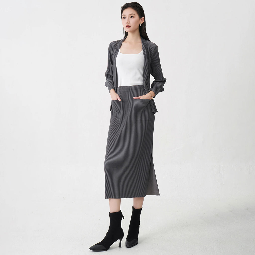 Fast Shipping Women's Fashion Set High Quality Top and Skirt Two Piece Office Set Miyake Pleated Set