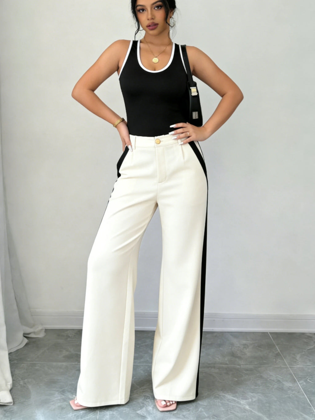 Women's Trousers Set Contrast Trim Tank Top High Waist Wide Leg Pants Two Piece Set Spring Summer Office Street Casual Outfit