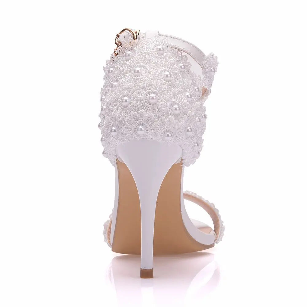 Women Shoes 9cm High Heel Sandals Summer Open toe Thin High Heels Luxury Lace Pearl Flower Wedding Shoes Bride Dress Pumps 34-43