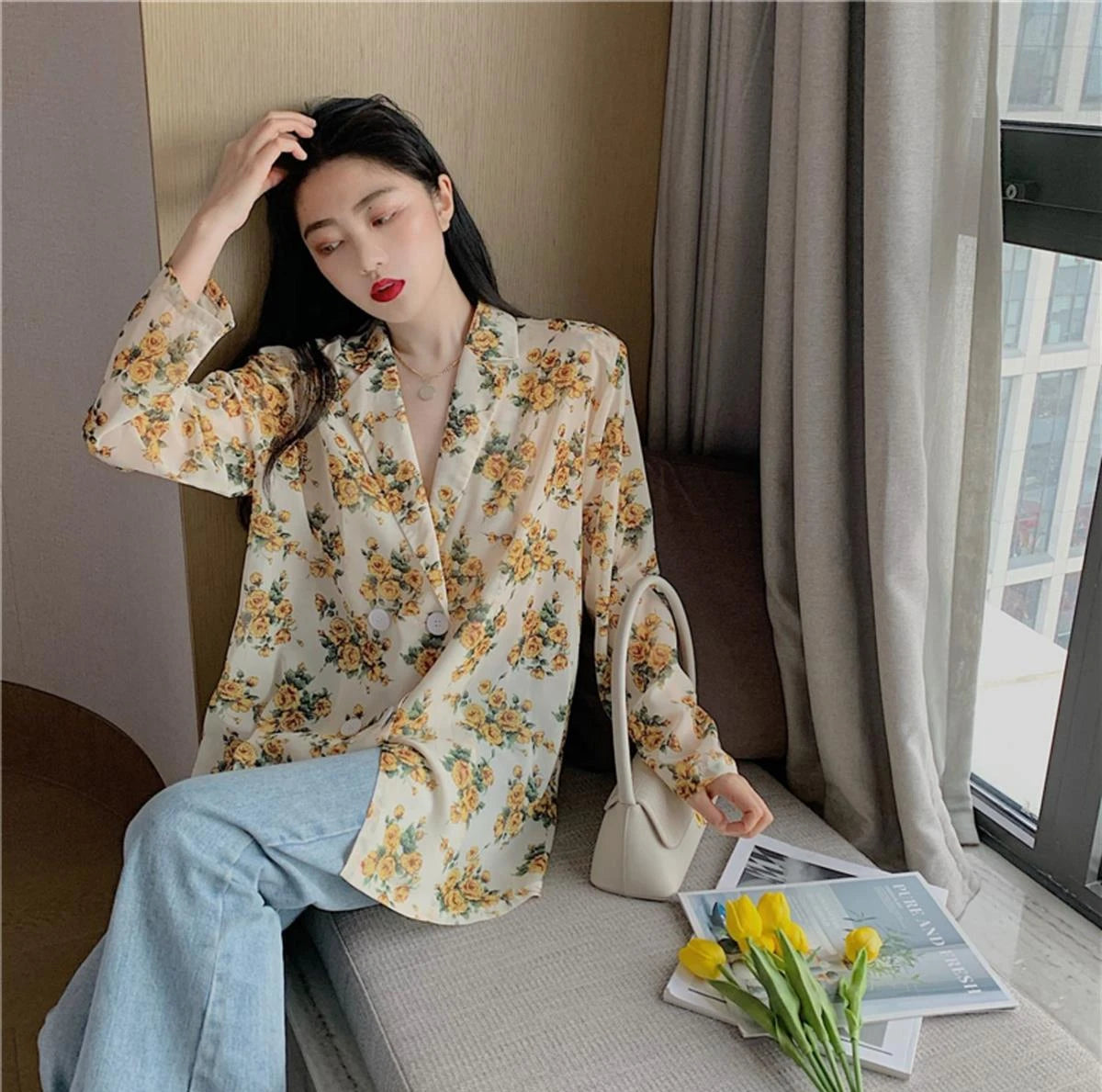 Women's Shirts And Blouses Button Up Top For Woman With Bow Clothing Floral Loose Sleeves Y2k Elegant Youth Xxl Stylish M