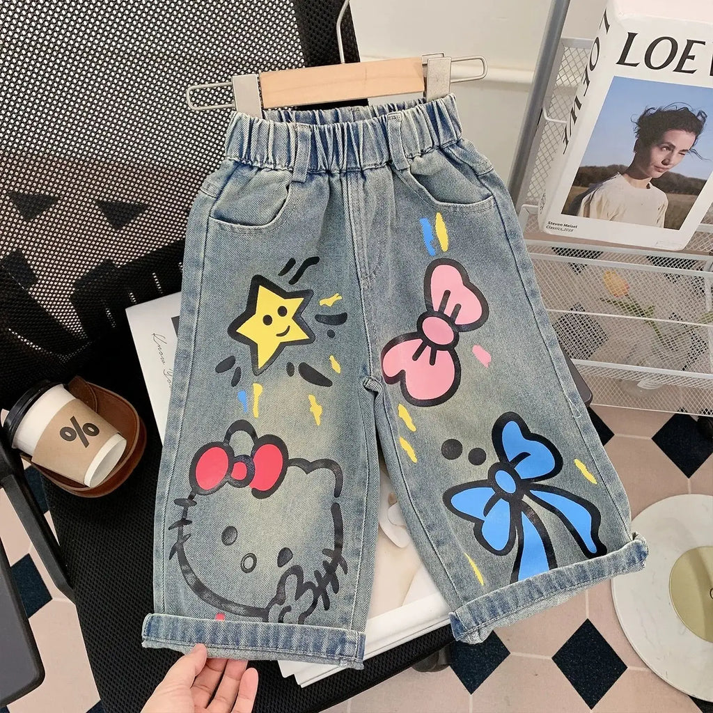 2026 Sanrio Hello Kitty Jeans Children Street Style New Loose Fit Trendy Cool Spring Autumn Fashion Long Denim Pants Casual Wear