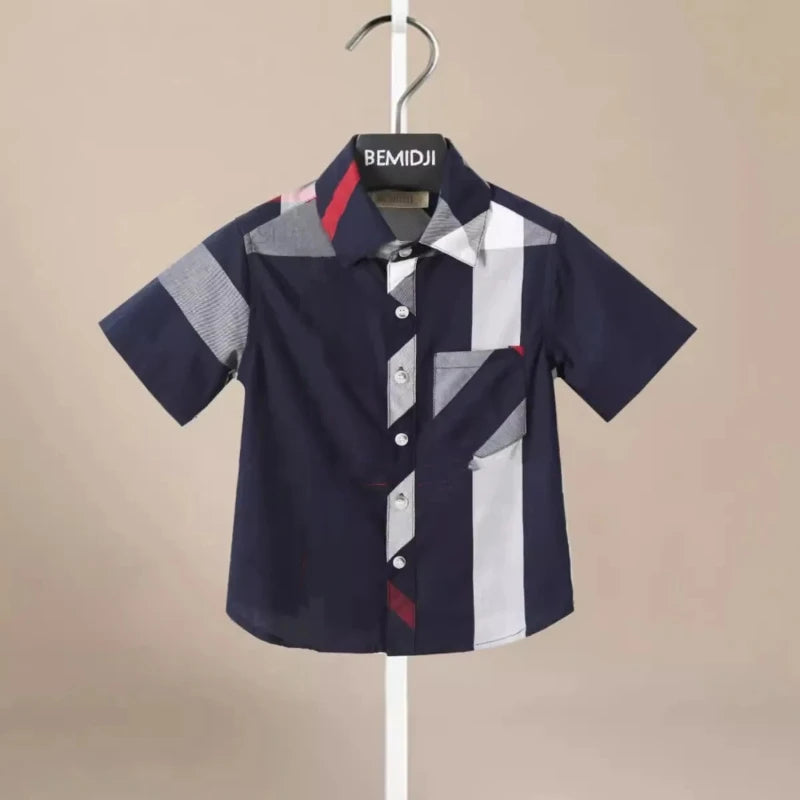 Boys Striped Shirts Children Fashion Solid Cotton Short-sleeved Boys Shirts for 1-14Age Kids Blouses Clothes Baby Shirts Tops