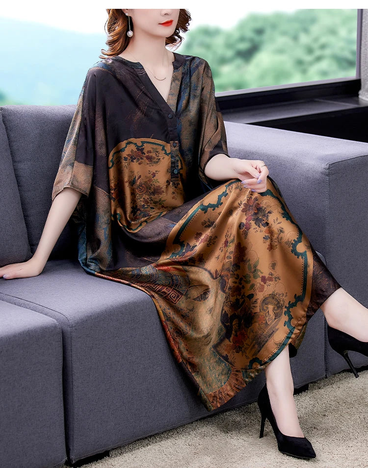 Mulberry Silk Dresses Women's New Summer Long Dress Female Fashion Loose V- Neck High-End Print Pullover Dresses