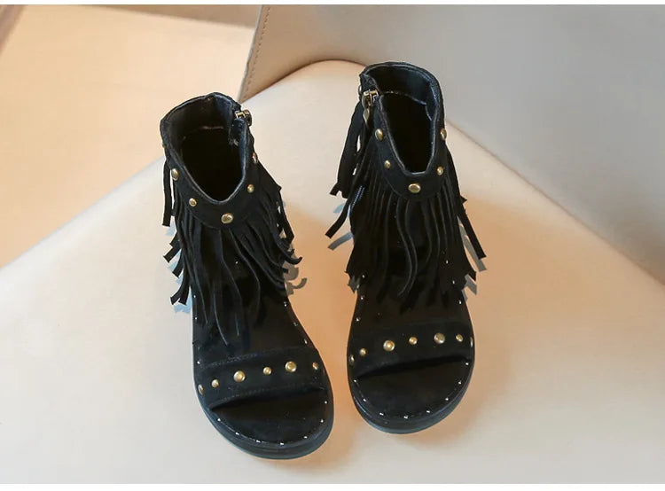 Sandals for Girl Summer New Fashion Strap Roman Sandals with Tassel Rivet Girl Shoes Personalized Kid Cool Boot Sandalias Mujer