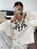 Women Autumn Single Breasted V-neck Blouses and Shirts Ladies Casual Embroidery Long Sleeve Shirt Tops