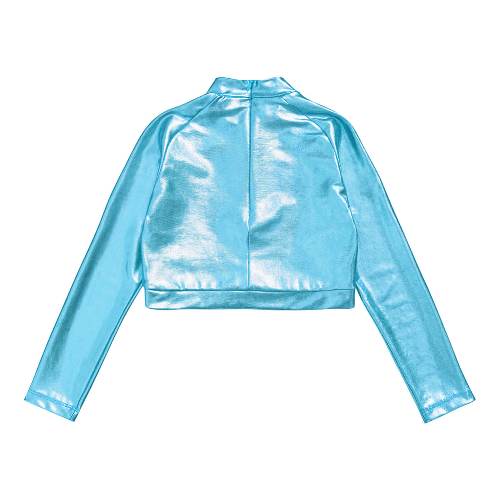 Kids Girls Shiny Metallic Crop Top Mock Neck Long Sleeve Front Sequin Fully Lined Athletic T-Shirts Jazz Hip-hop Dance Tops