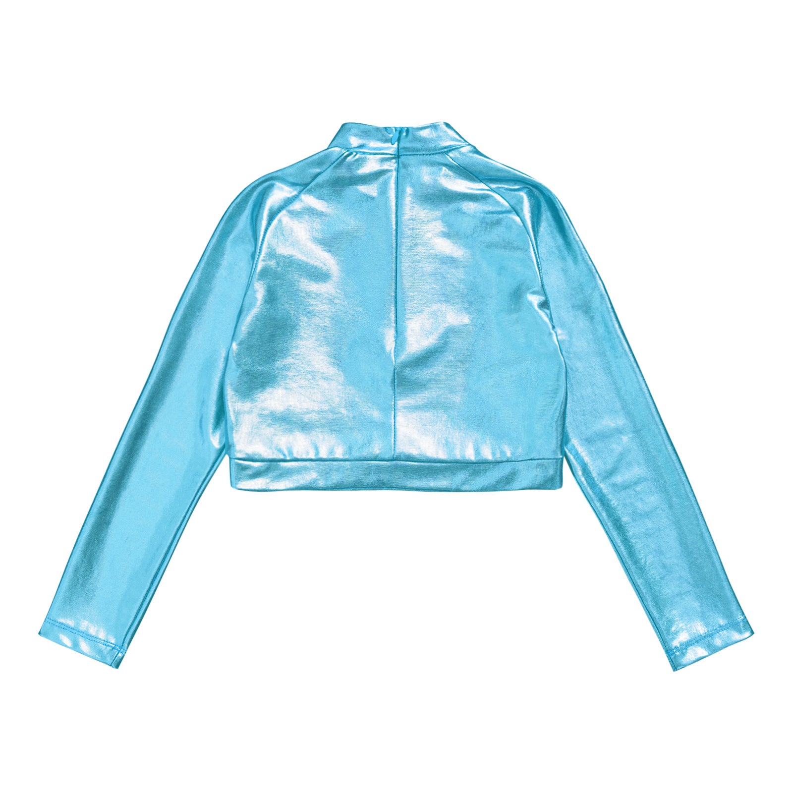 Kids Girls Shiny Metallic Crop Top Mock Neck Long Sleeve Front Sequin Fully Lined Athletic T-Shirts Jazz Hip-hop Dance Tops