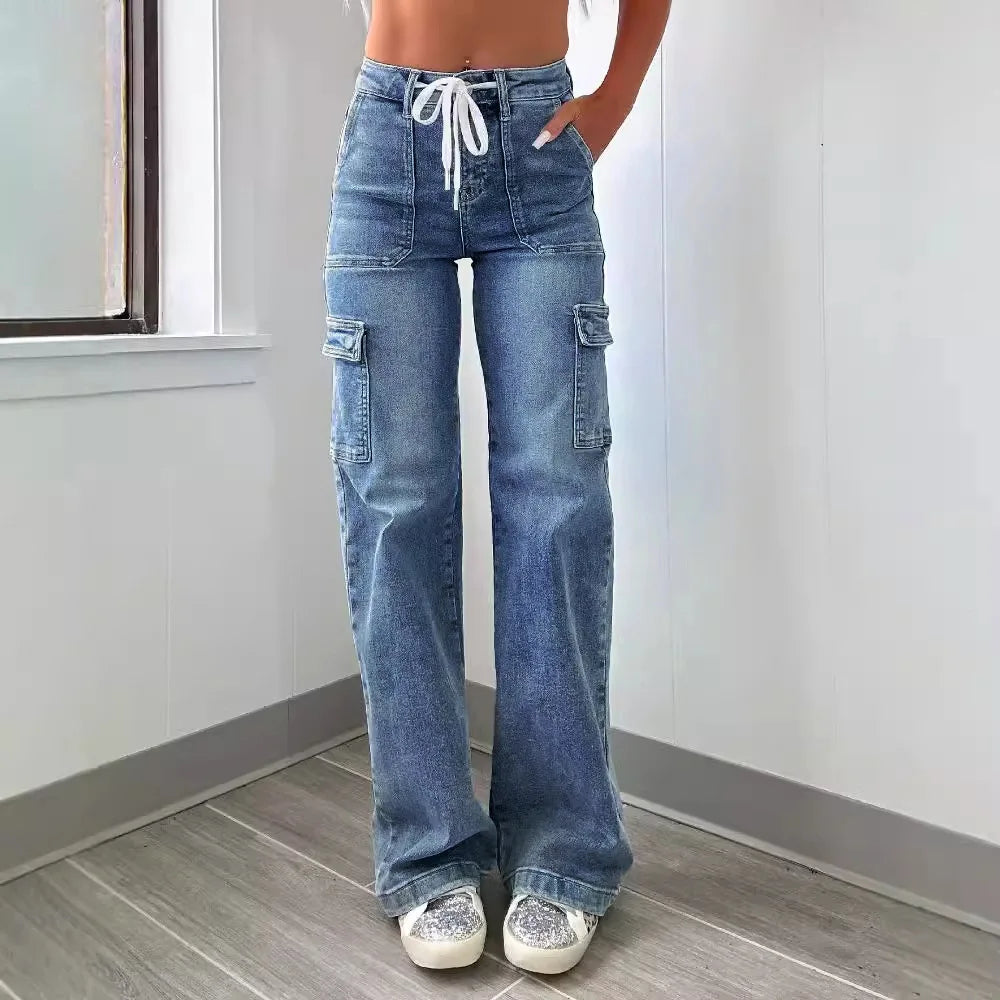 2026 Women's Casual Straight Leg Jeans Pants Fashion Style Belt and Multiple Pockets Functional Work Pants Female Cargo Trousers