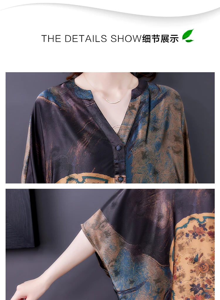 Mulberry Silk Dresses Women's New Summer Long Dress Female Fashion Loose V- Neck High-End Print Pullover Dresses