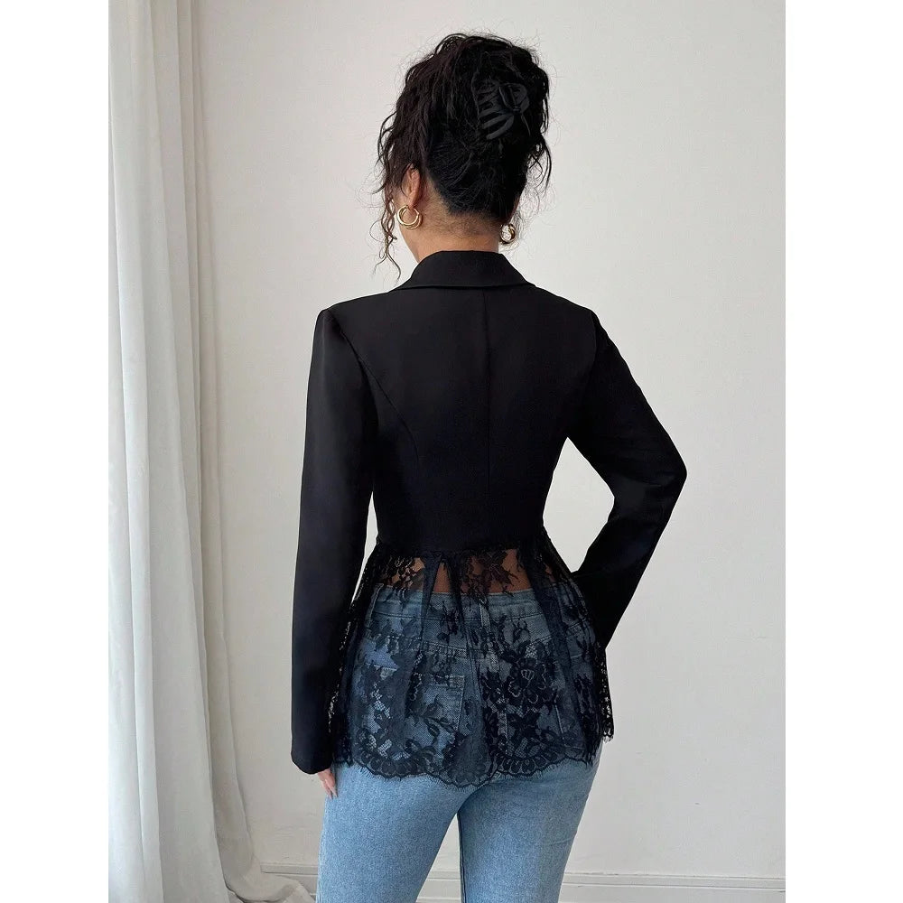 Women Elegant Blazer Suits Ladies Spring Autumn Long Sleeve Single Button Jackets Coats with Lace Hem