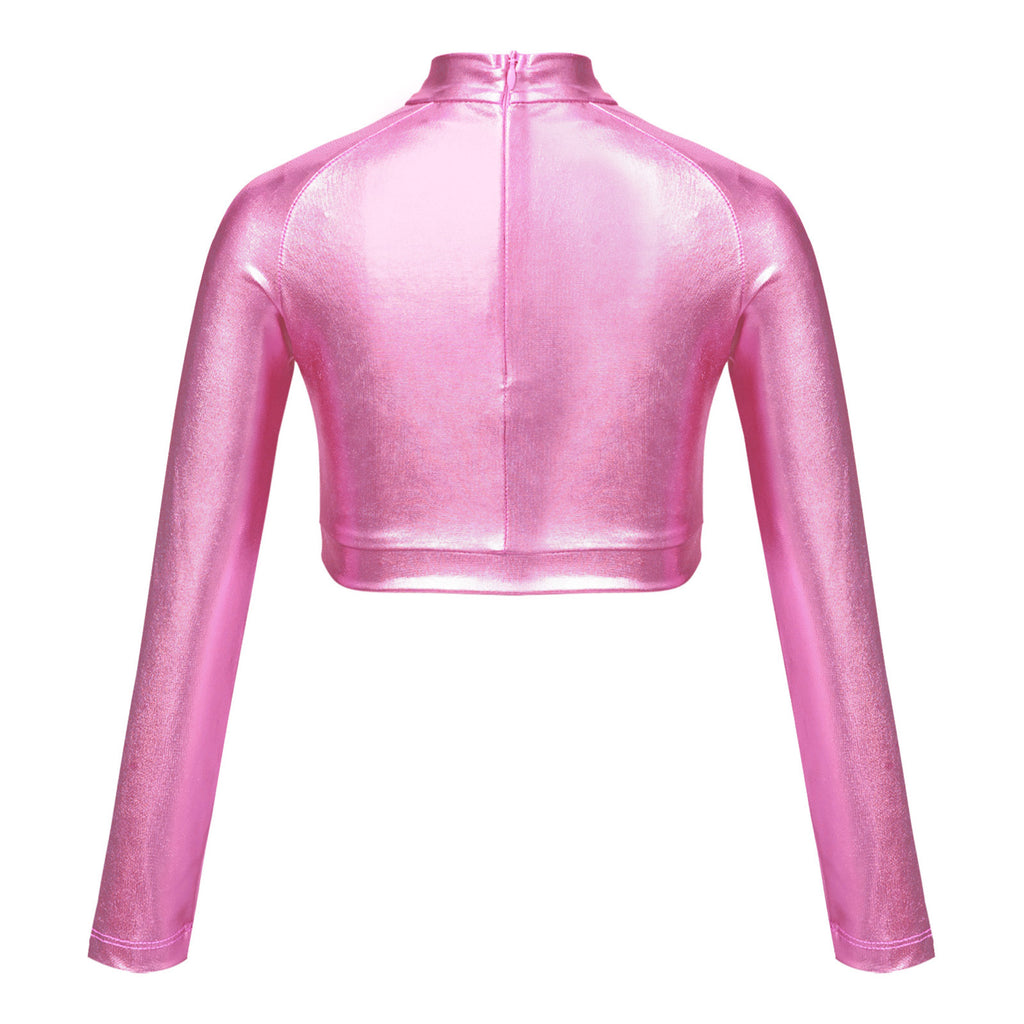 Kids Girls Shiny Metallic Crop Top Mock Neck Long Sleeve Front Sequin Fully Lined Athletic T-Shirts Jazz Hip-hop Dance Tops