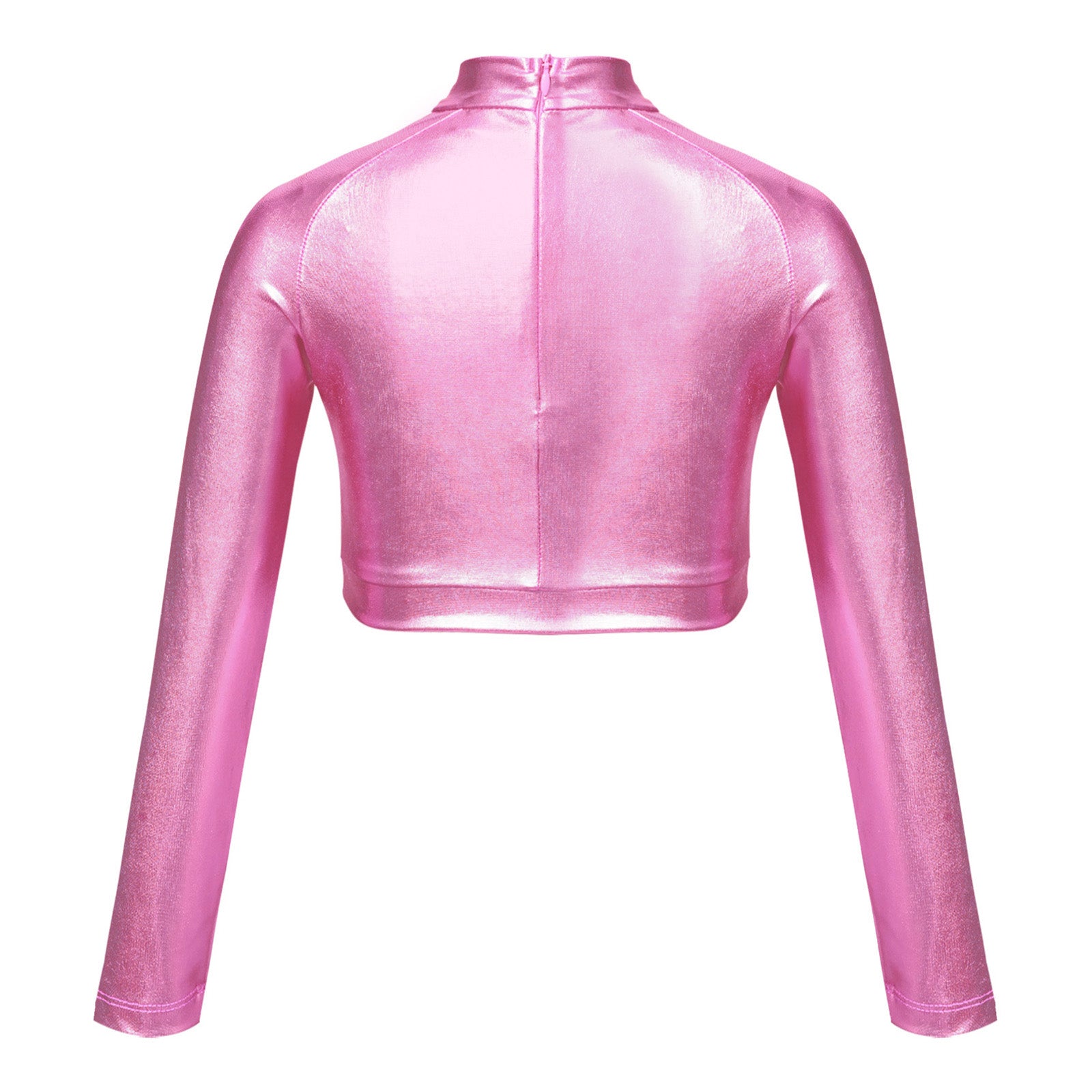 Kids Girls Shiny Metallic Crop Top Mock Neck Long Sleeve Front Sequin Fully Lined Athletic T-Shirts Jazz Hip-hop Dance Tops