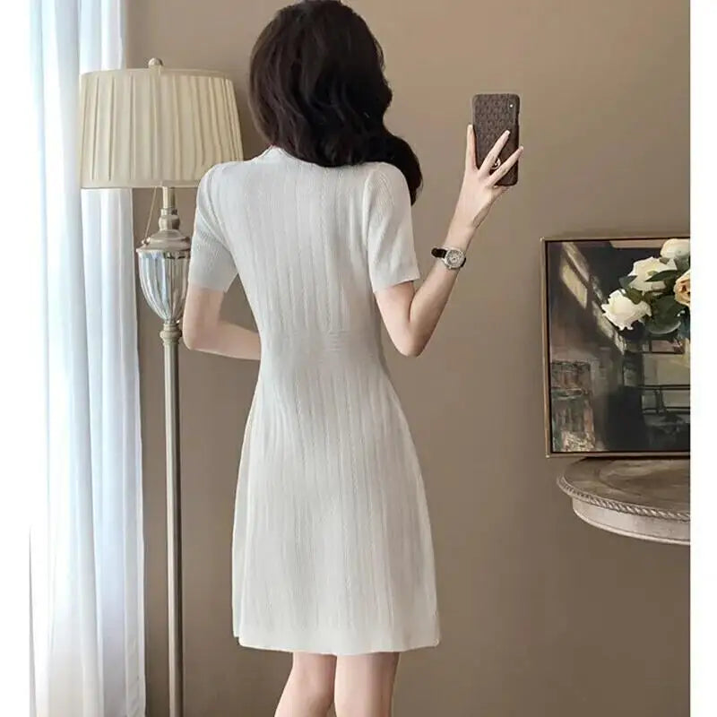 Summer V Neck Single Breasted Knitting Mini Dresses for Women 2024 Fashion Short Sleeve Mini Party Dress Vestidos Female