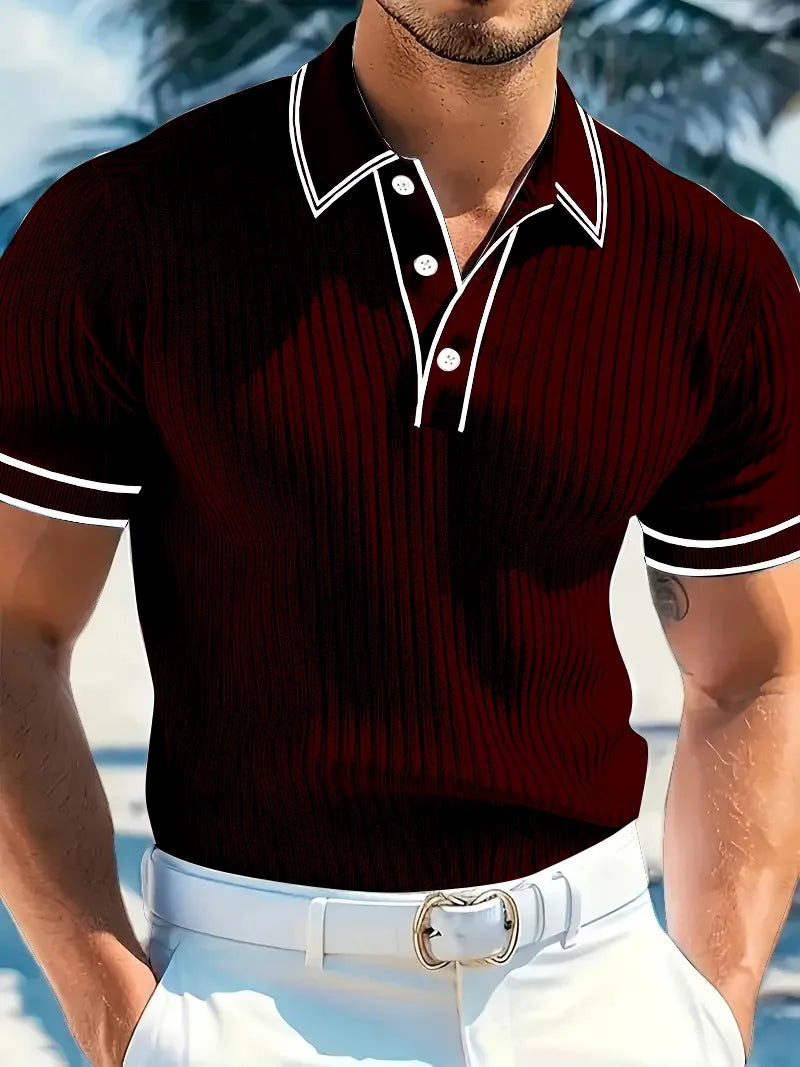 Men Ribbed Knit Polo Shirt Short Sleeve Turn Down Collar Contrast Trim Button Placket Slim Fit Casual Top