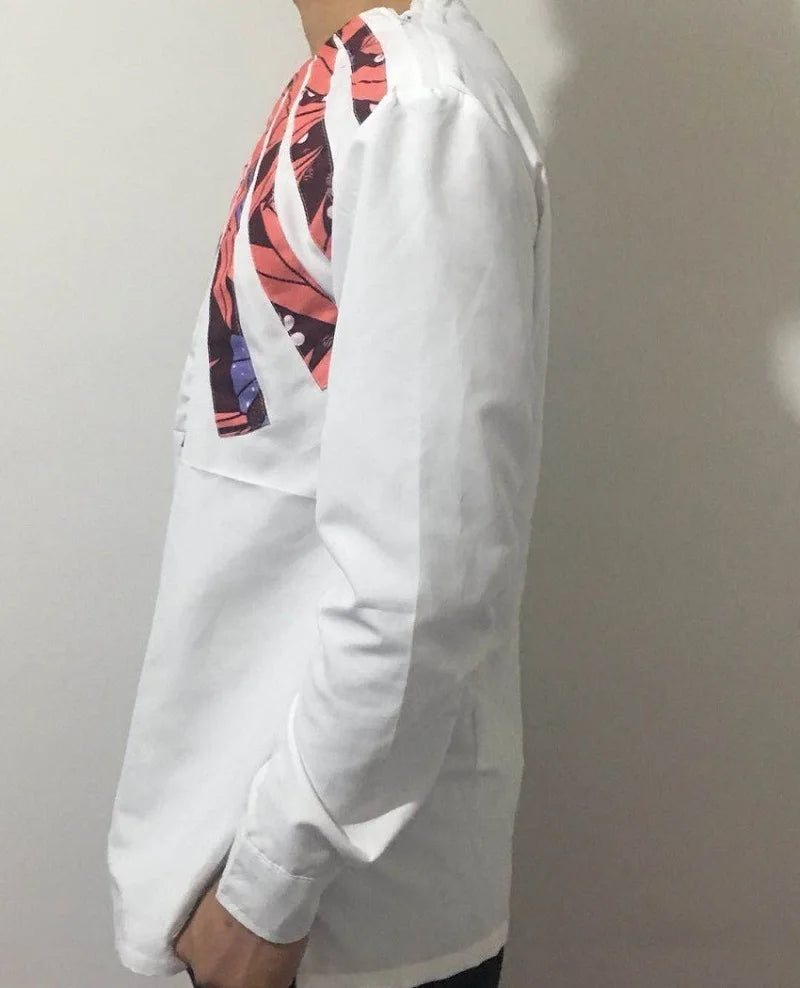 Nigerian Fashion White Men's Shirts O-Neck Modern Design Sector Patchwork Tops Customized African Wedding Party Wear