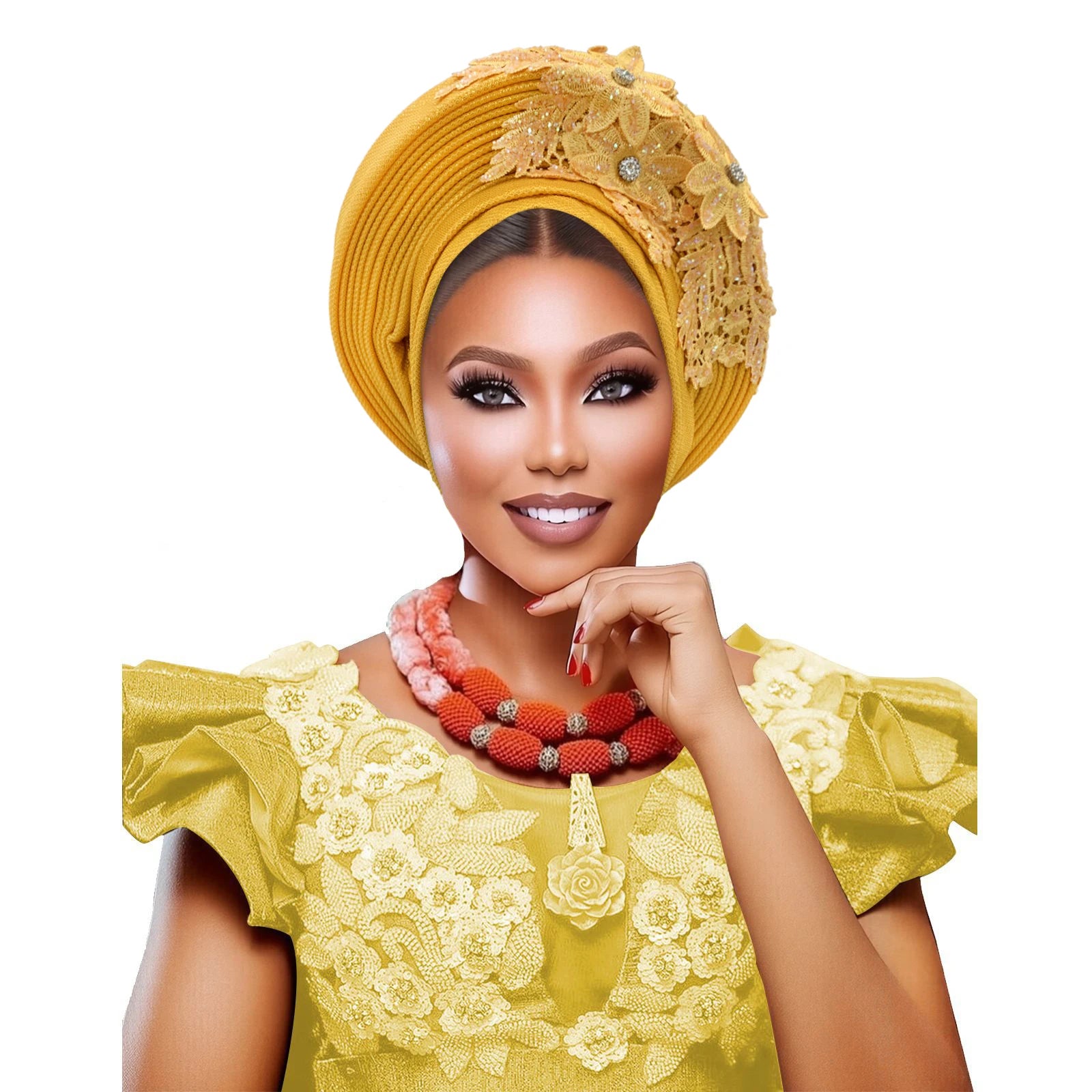 Elegant African Autogele Women's Turban Cap Nigeria Wedding Gele Ready to Wear Headtie with Embroidery Lace Party Headwear