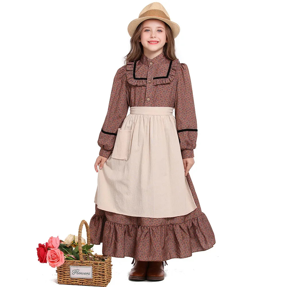 Historical American Colonial Costume Tween Teens Brown Floral Victorian Medieval Dress