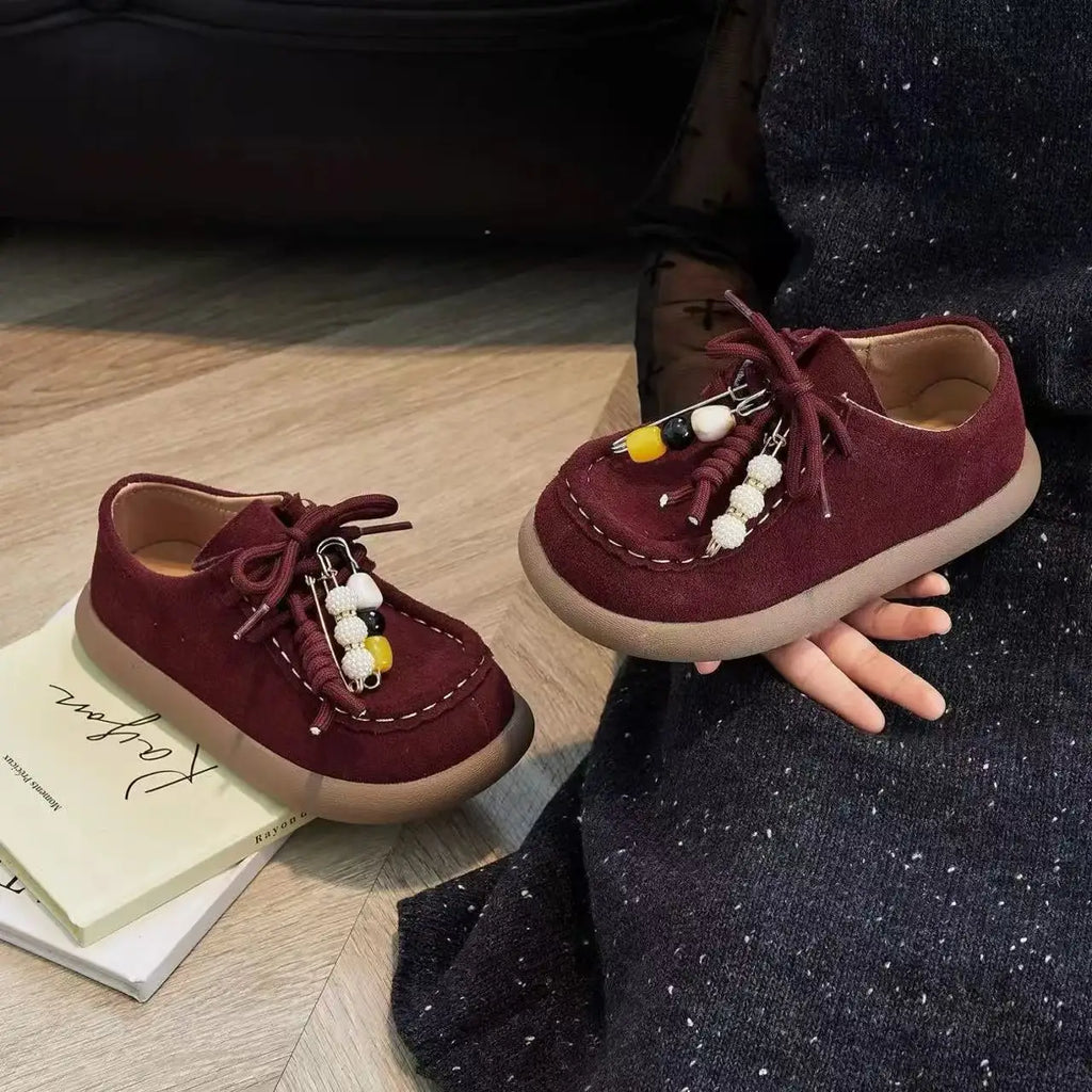 Boys Girls Leather Shoes with Cute Beaded 2025 New Autumn Toddler Walking Shoes Soft Sole Simple Versatile Kids School Loafers