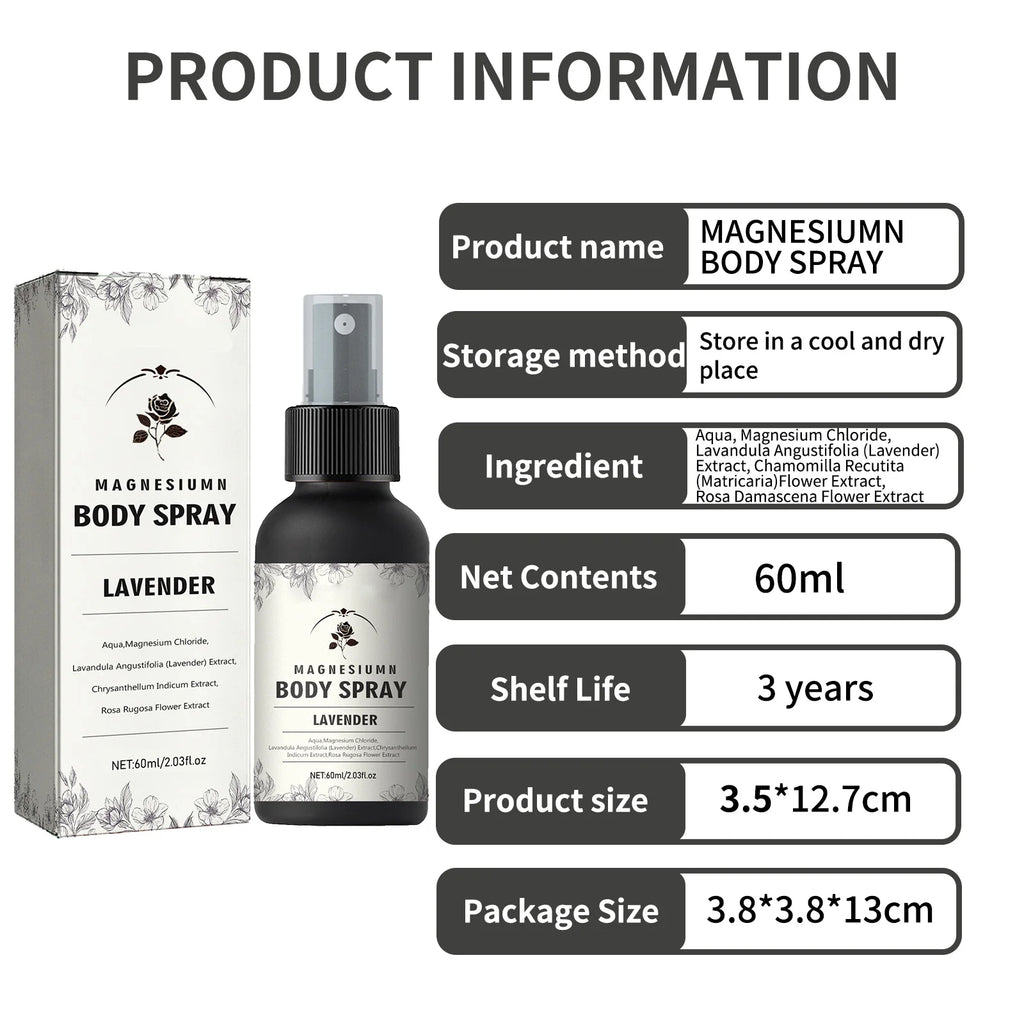 Magnesium Body Spray 60ml with Lavender Relax Muscles Improve Sleep, Natural Magnesium Chloride Flower Extracts, Fast Absorption
