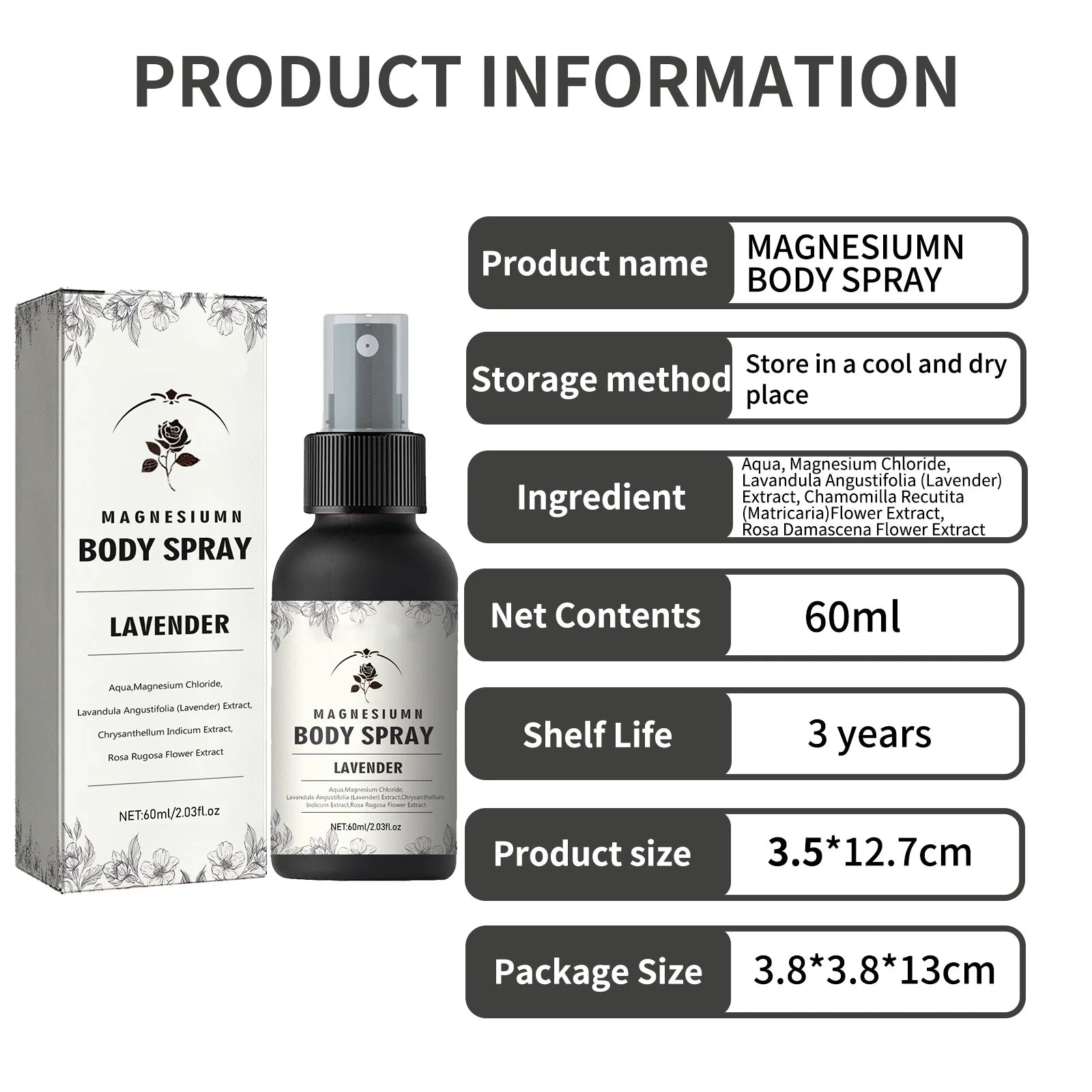 Magnesium Body Spray 60ml with Lavender Relax Muscles Improve Sleep, Natural Magnesium Chloride Flower Extracts, Fast Absorption