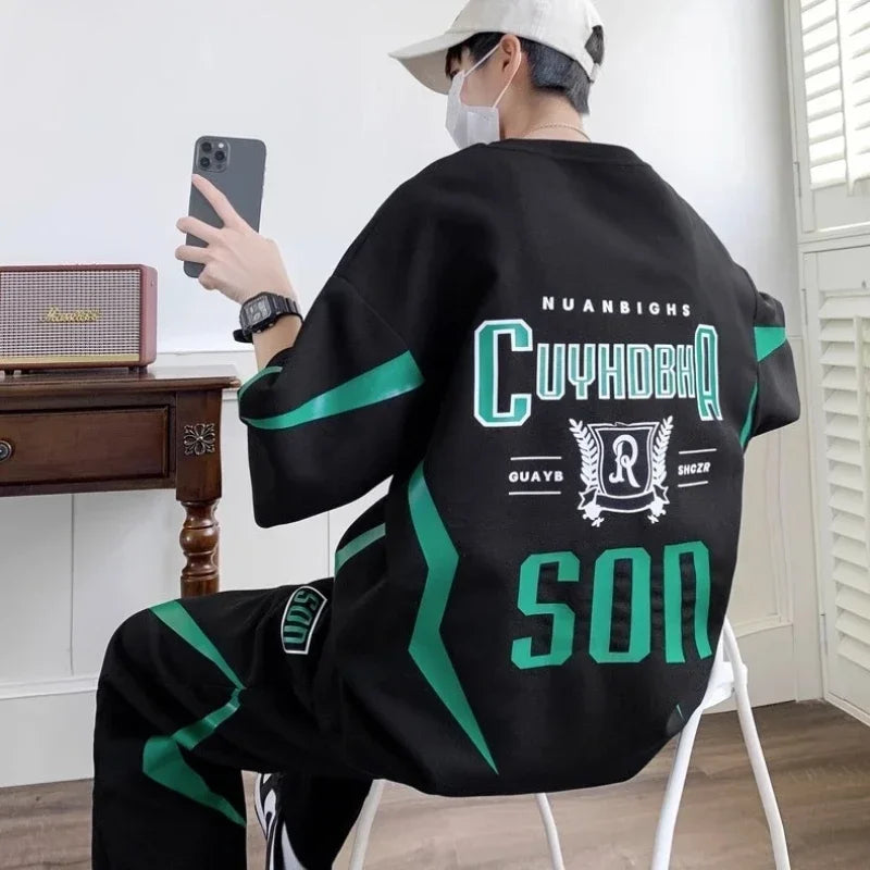Male T Shirt Trousers Sets Smooth Sports Suits Alphabet Men's Pants Set Two-piece Outfits Xl Offer Korean Style Stylish Casual