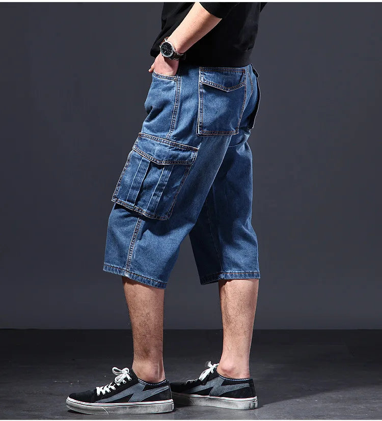 Summer thin, loose, multi pocket workwear, cropped denim shorts, cropped casual jeans for men