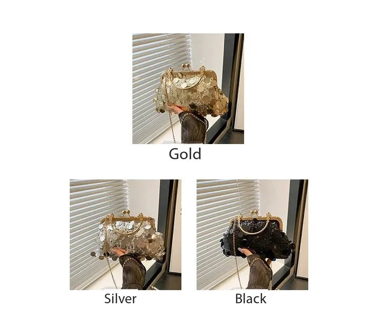 Elegant Sequined Evening Shoulder Bags for Women Solid Color Ladies Clip Chain Crossbody Bag Casual Female Shell Handbags Purse
